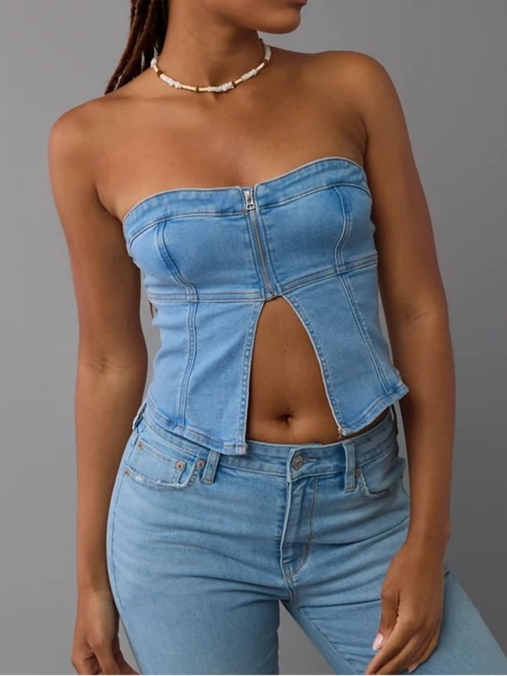 American Eagle NWT Denim Zip-Front Tube Top - Light Wash Size Small